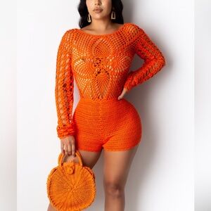 NWT Orange Crochet Romper Shorts Reversible Cheeky Lace Sexy Cover Up Hera